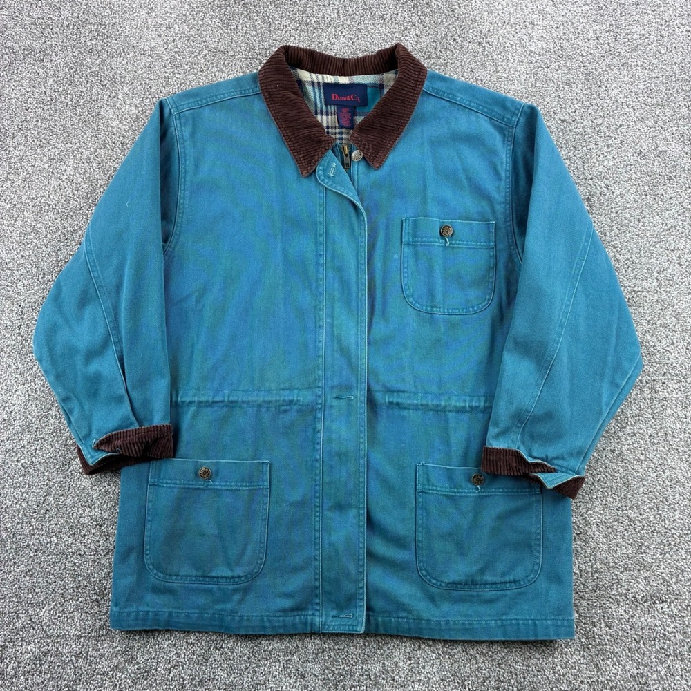 Denim & Co Barn Jacket Mens Large Teal Cotton Corduroy Trim Chore Plaid Lined